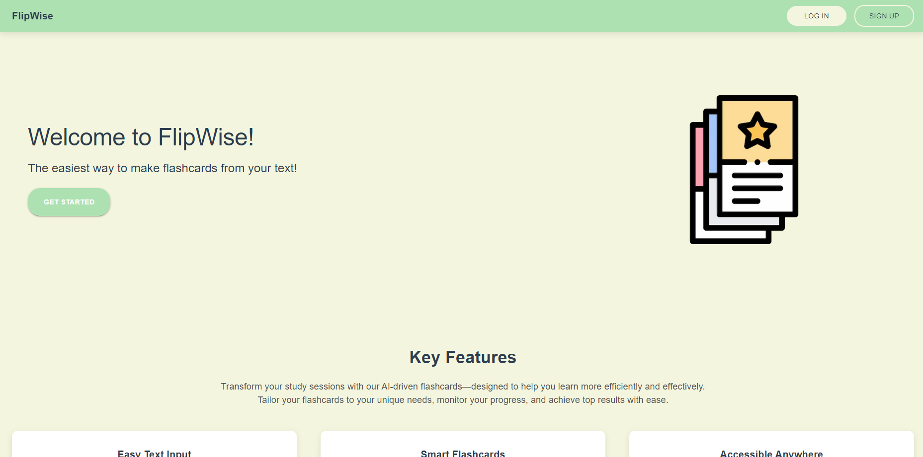 Flashcard landing page